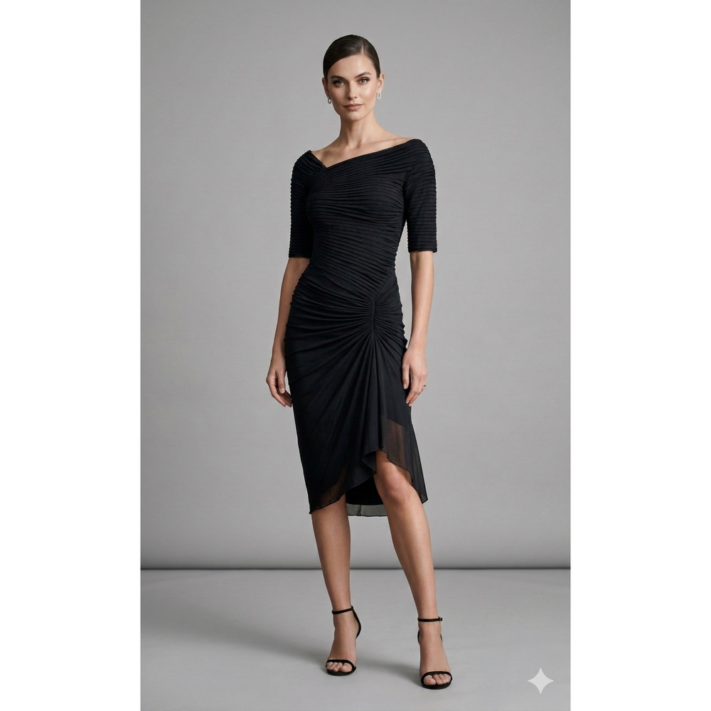 Tadashi Shoji Black Ruched Off-Shoulder Midi Dress